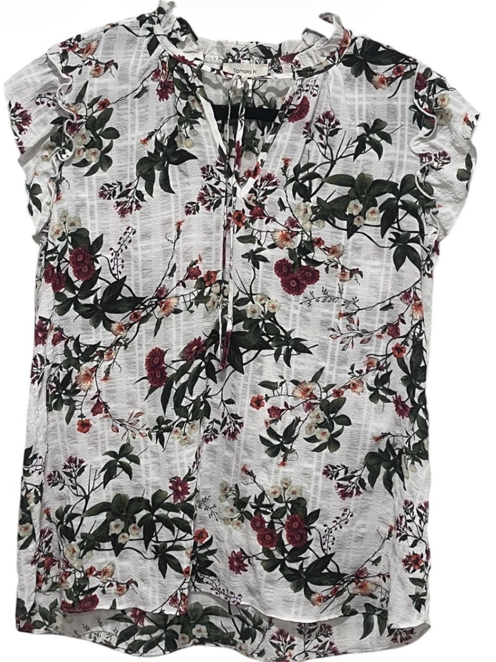 Tamara H Floral Textured Ruffle Sleeve Blouse White Multicolor XL